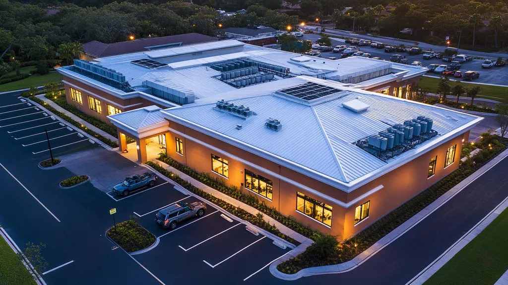 A commercial roof on a call center in a location similar to Newport Beach with an illuminated nightscape aesthetic (AI image)