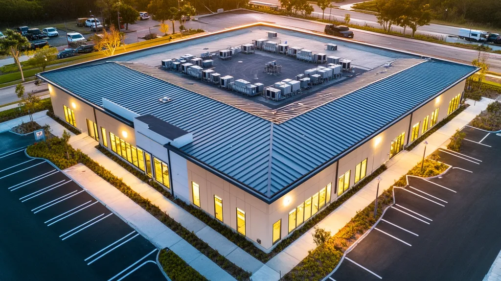 A commercial roof on a call center in a location similar to Newport Beach with an illuminated nightscape aesthetic (AI image)
