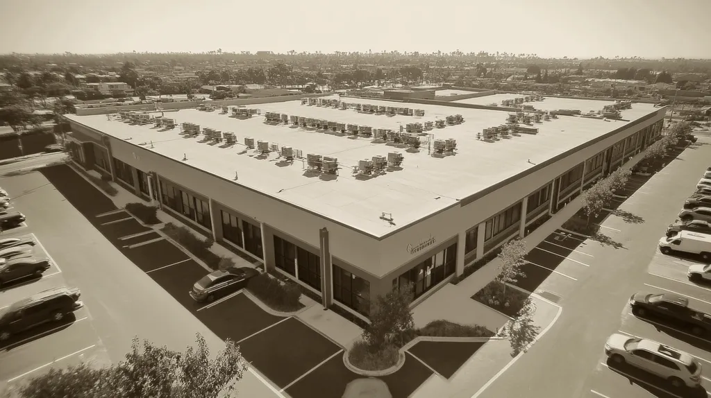 A commercial roof on a call center in a location similar to Newport Beach with a tintype aesthetic (AI image)