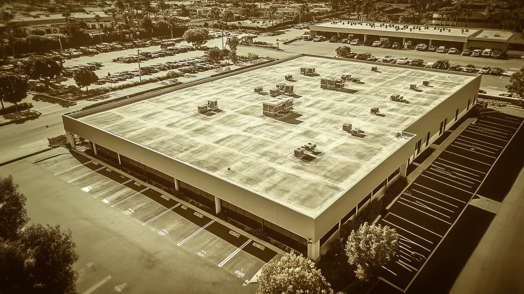 A commercial roof on a call center in a location similar to Newport Beach with a tintype aesthetic (AI image)