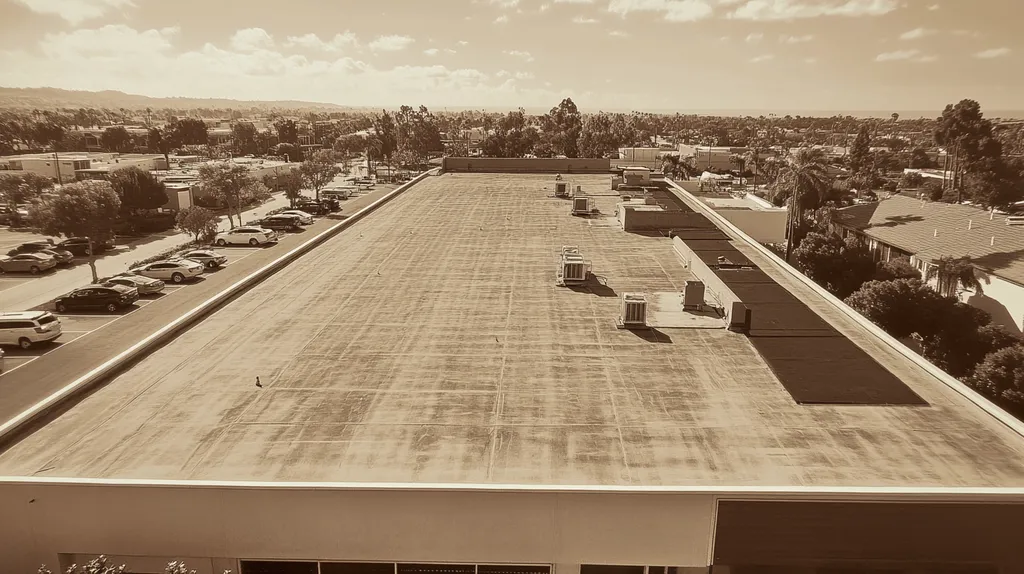 A commercial roof on a call center in a location similar to Newport Beach with a tintype aesthetic (AI image)