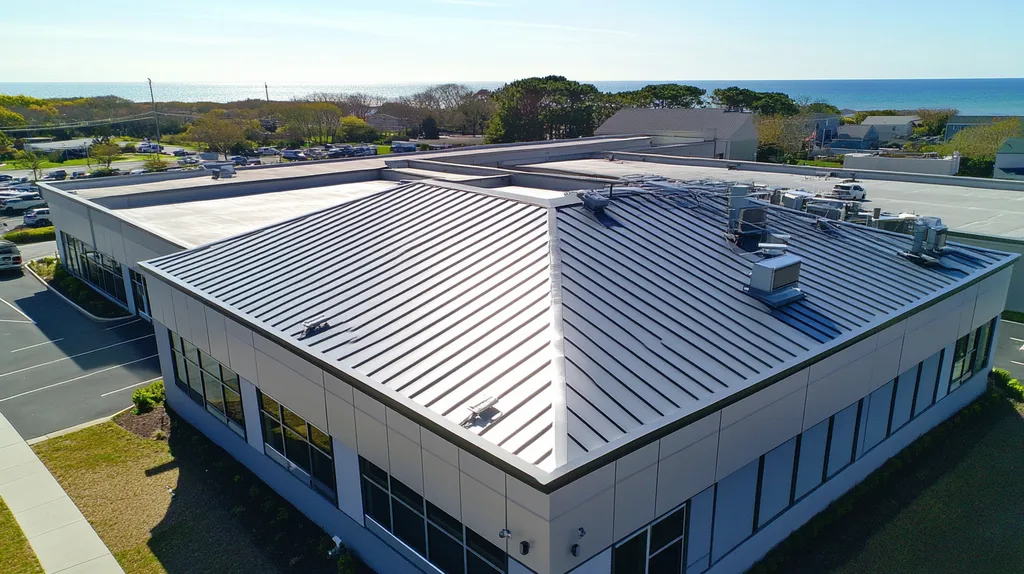 A commercial roof on a call center in a location similar to Newport, Rhode Island with a stainless steel aesthetic (AI image)