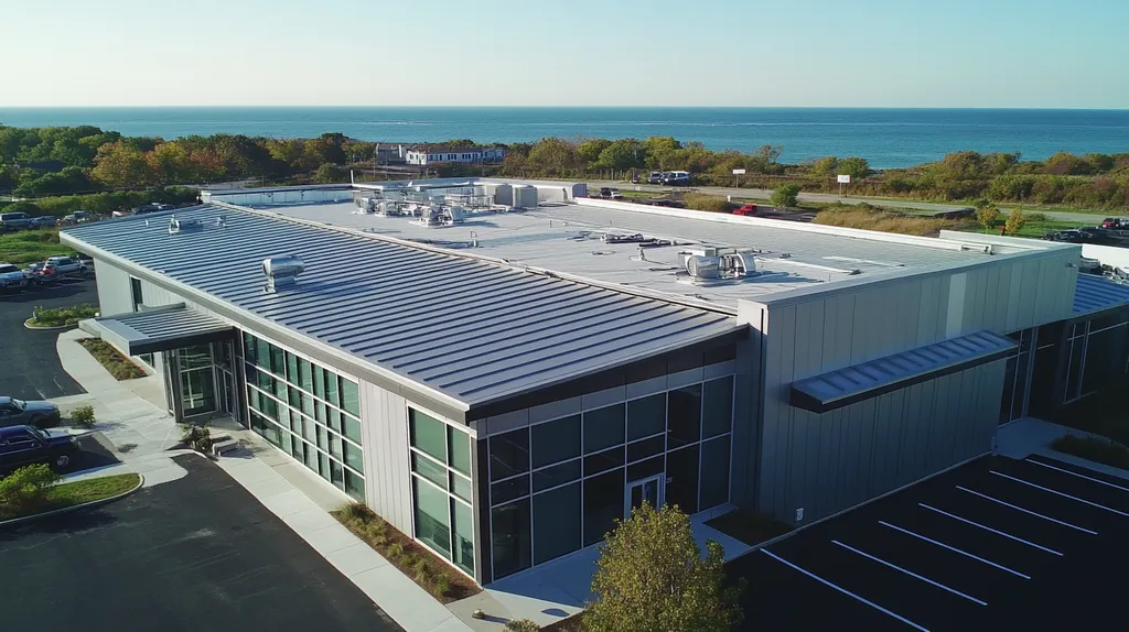 A commercial roof on a call center in a location similar to Newport, Rhode Island with a stainless steel aesthetic (AI image)