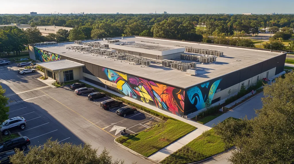 A commercial roof on a call center in a location similar to Orlando with a graffiti mural aesthetic (AI image)