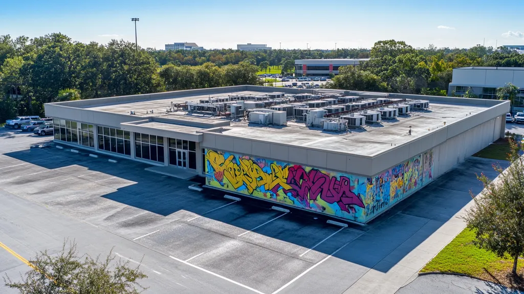A commercial roof on a call center in a location similar to Orlando with a graffiti mural aesthetic (AI image)