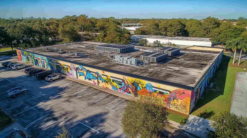 A commercial roof on a call center in a location similar to Orlando with a graffiti mural aesthetic (AI image)