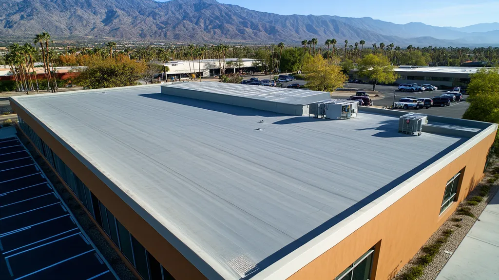 A commercial roof on a call center in a location similar to Palm Springs with an architectural photography aesthetic (AI image)