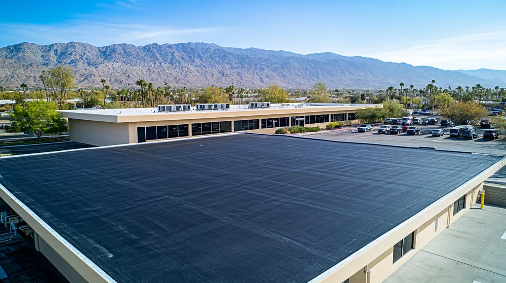A commercial roof on a call center in a location similar to Palm Springs with an architectural photography aesthetic (AI image)