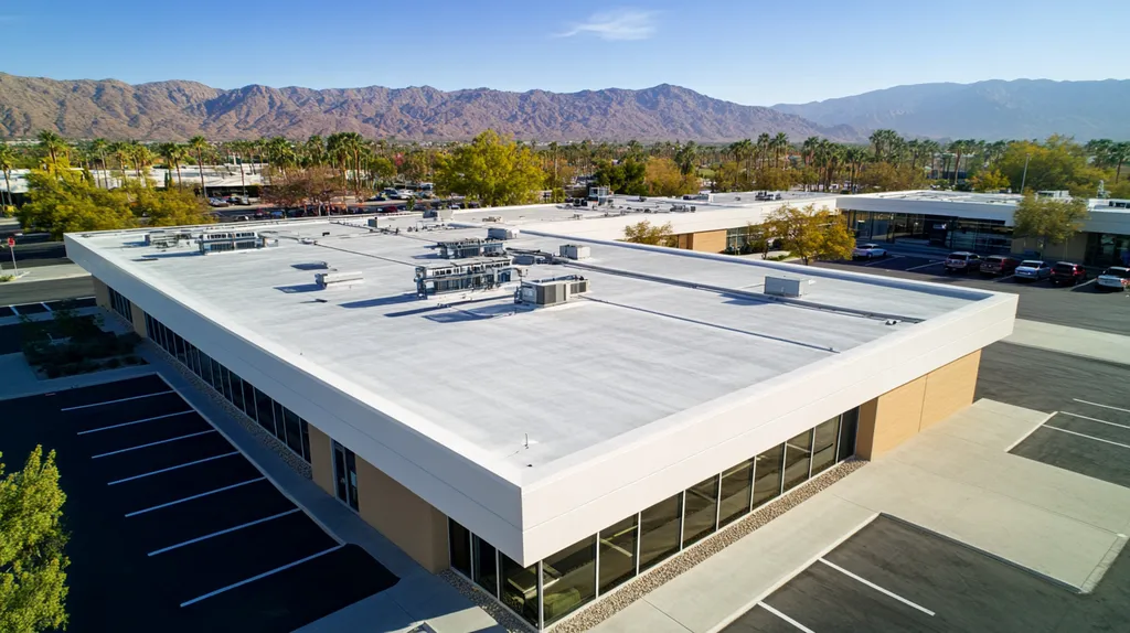 A commercial roof on a call center in a location similar to Palm Springs with an architectural photography aesthetic (AI image)