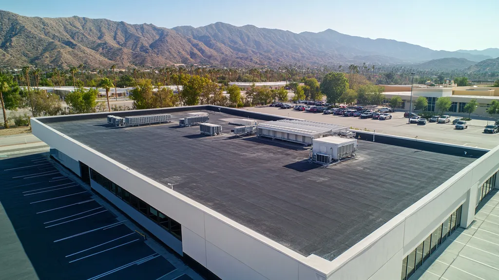 A commercial roof on a call center in a location similar to Palm Springs with an architectural photography aesthetic (AI image)