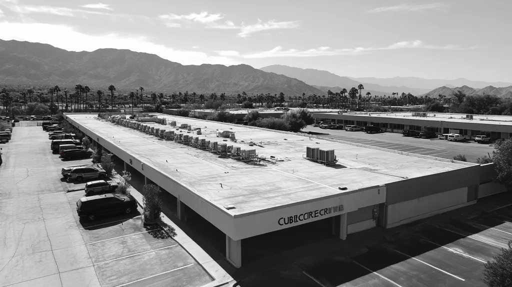 A commercial roof on a call center in a location similar to Palm Springs with a charcoal sketch aesthetic (AI image)