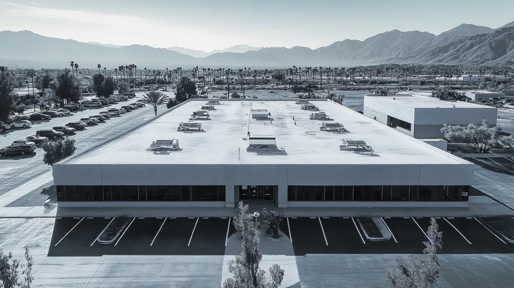 A commercial roof on a call center in a location similar to Palm Springs with a charcoal sketch aesthetic (AI image)
