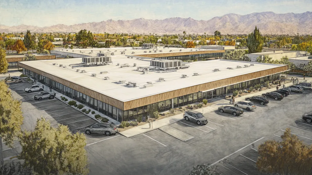 A commercial roof on a call center in a location similar to Palm Springs with a charcoal sketch aesthetic (AI image)
