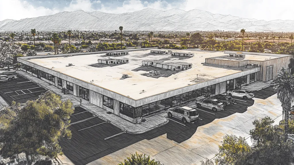 A commercial roof on a call center in a location similar to Palm Springs with a charcoal sketch aesthetic (AI image)