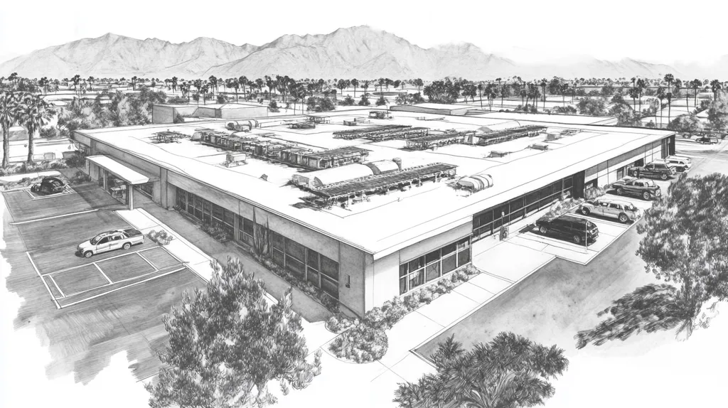 A commercial roof on a call center in a location similar to Palm Springs with a charcoal sketch aesthetic (AI image)