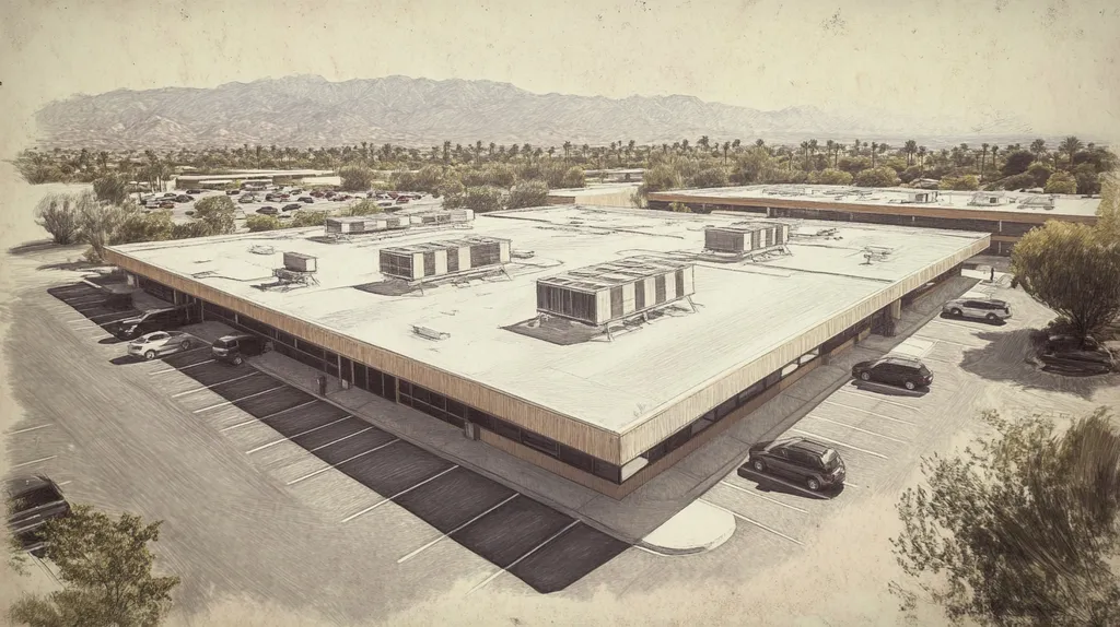 A commercial roof on a call center in a location similar to Palm Springs with a charcoal sketch aesthetic (AI image)