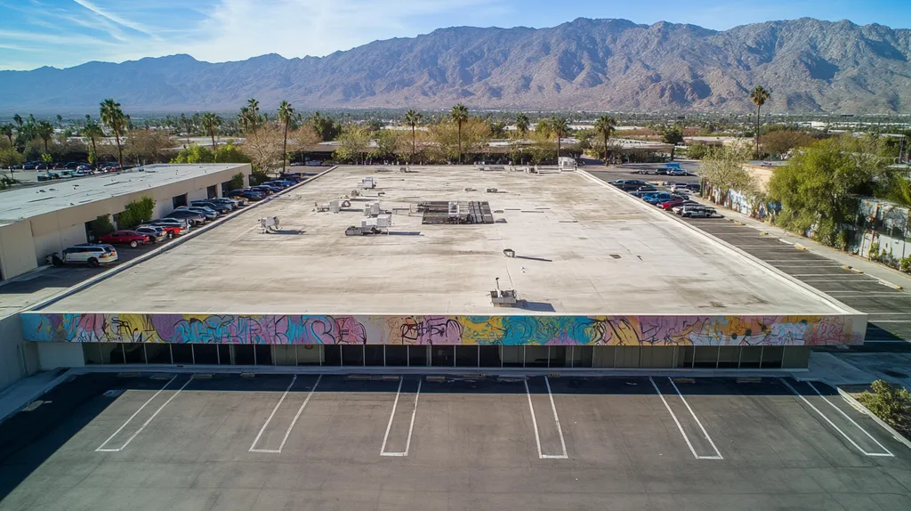 A commercial roof on a call center in a location similar to Palm Springs with a graffiti mural aesthetic (AI image)