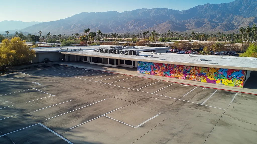 A commercial roof on a call center in a location similar to Palm Springs with a graffiti mural aesthetic (AI image)