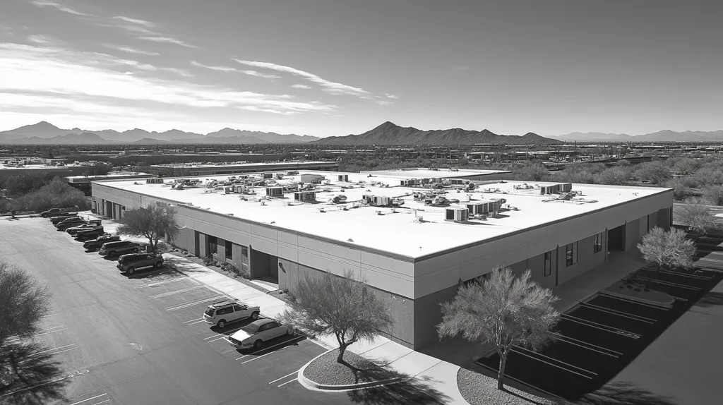 A commercial roof on a call center in a location similar to Phoenix with a black and white photography aesthetic (AI image)
