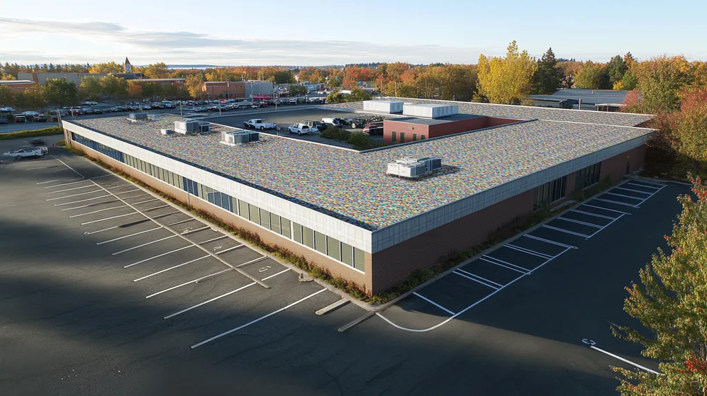 A commercial roof on a call center in a location similar to Portland, Maine with a mosaic tile art aesthetic (AI image)