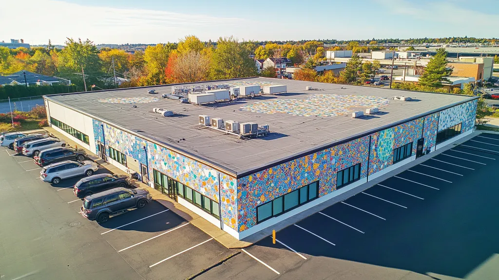 A commercial roof on a call center in a location similar to Portland, Maine with a mosaic tile art aesthetic (AI image)