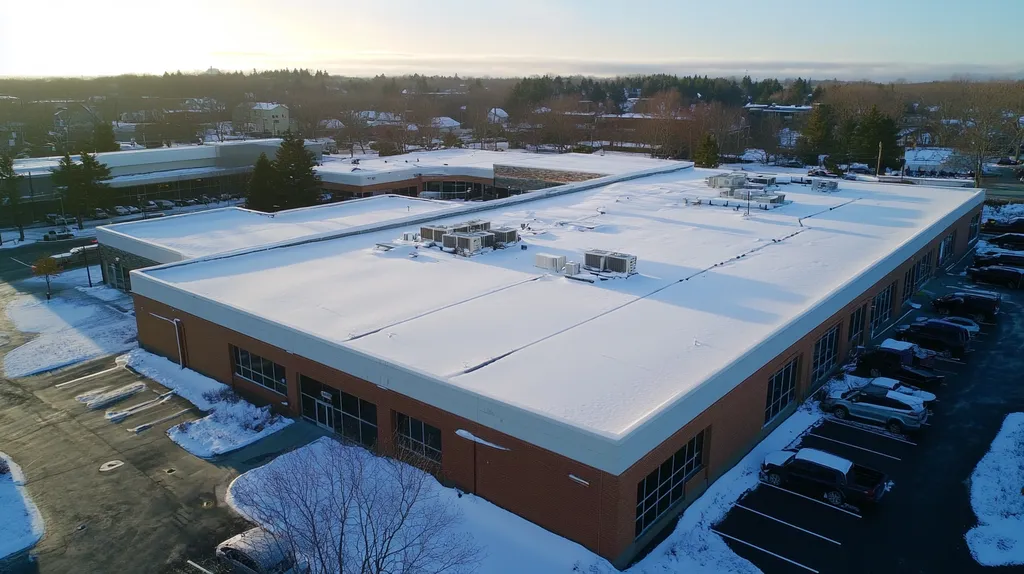 A commercial roof on a call center in a location similar to Portland, Maine with a snowy day aesthetic (AI image)