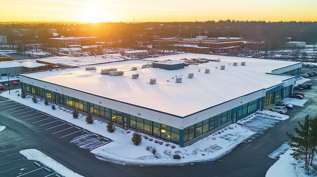 A commercial roof on a call center in a location similar to Portland, Maine with a snowy day aesthetic (AI image)