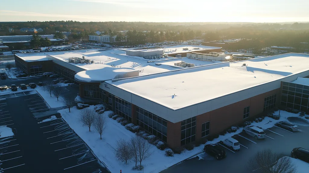 A commercial roof on a call center in a location similar to Portland, Maine with a snowy day aesthetic (AI image)