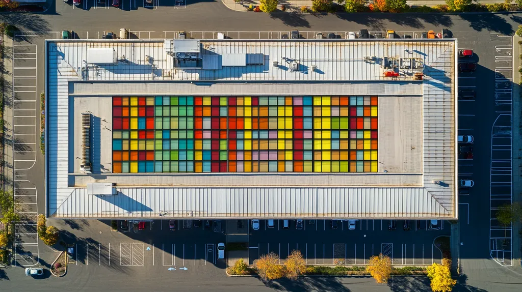 A commercial roof on a call center in a location similar to Portland, Maine with a stained glass style aesthetic (AI image)