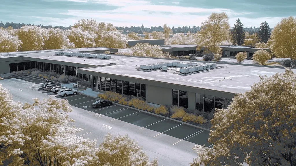 A commercial roof on a call center in a location similar to Portland with an infrared photography aesthetic (AI image)