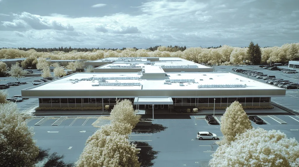A commercial roof on a call center in a location similar to Portland with an infrared photography aesthetic (AI image)