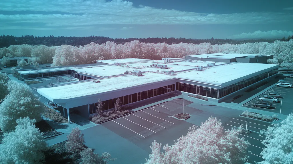 A commercial roof on a call center in a location similar to Portland with an infrared photography aesthetic (AI image)