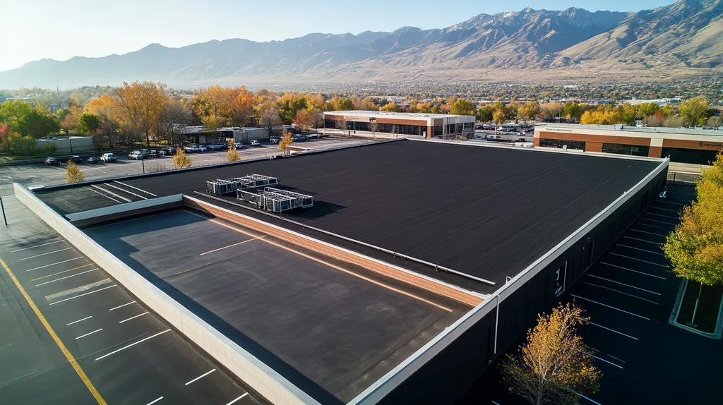 A commercial roof on a call center in a location similar to Salt Lake City with a comic book style aesthetic (AI image)