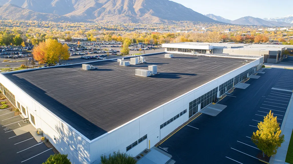 A commercial roof on a call center in a location similar to Salt Lake City with a comic book style aesthetic (AI image)