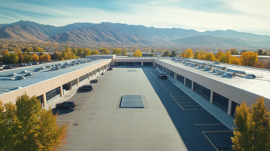 A commercial roof on a call center in a location similar to Salt Lake City with a cross-processed look aesthetic (AI image)