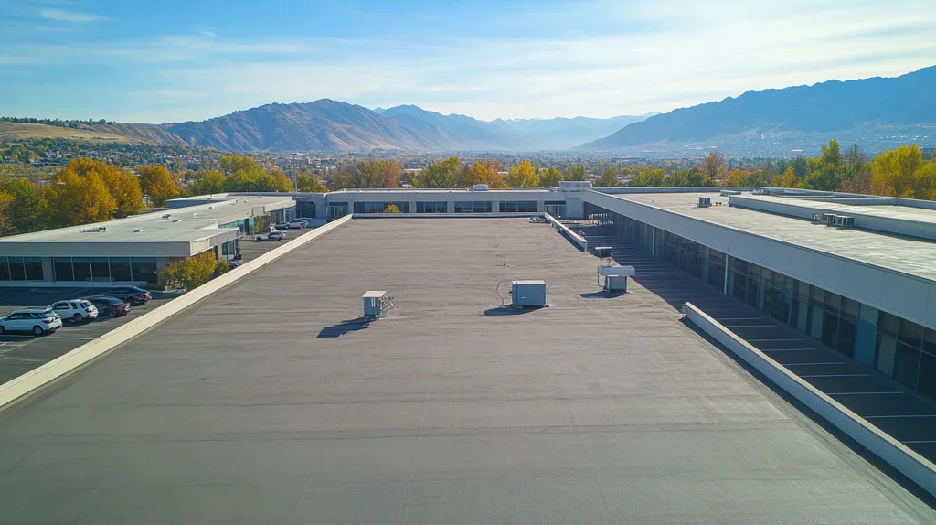 A commercial roof on a call center in a location similar to Salt Lake City with a cross-processed look aesthetic (AI image)