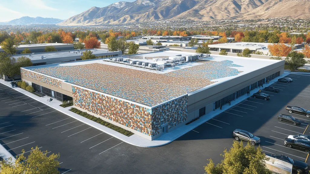 A commercial roof on a call center in a location similar to Salt Lake City with a mosaic tile art aesthetic (AI image)