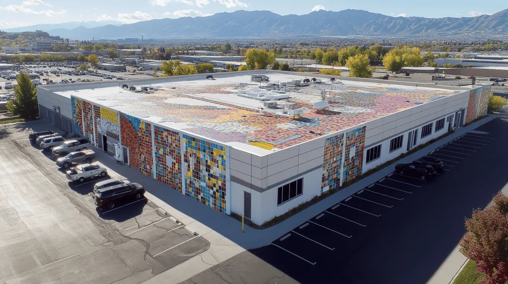 A commercial roof on a call center in a location similar to Salt Lake City with a mosaic tile art aesthetic (AI image)