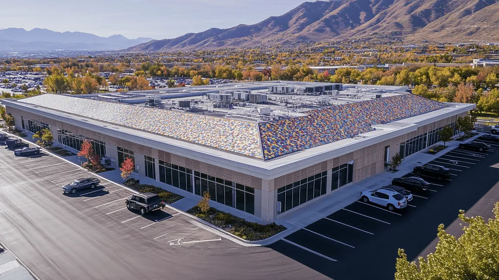 A commercial roof on a call center in a location similar to Salt Lake City with a mosaic tile art aesthetic (AI image)