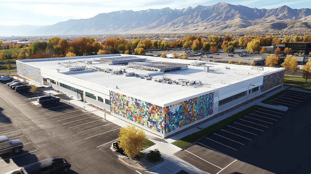 A commercial roof on a call center in a location similar to Salt Lake City with a mosaic tile art aesthetic (AI image)