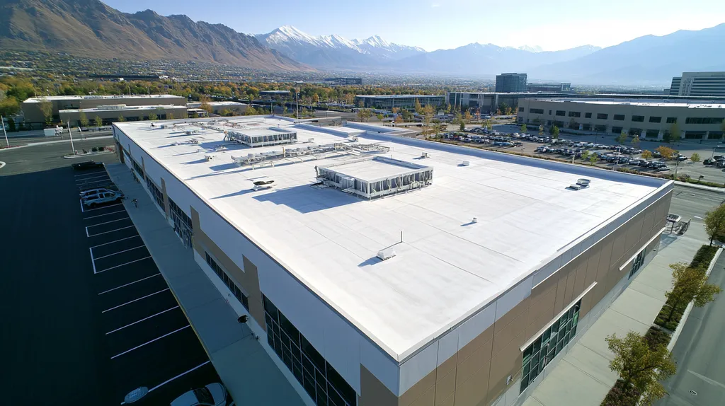 A commercial roof on a call center in a location similar to Salt Lake City with an urban context aesthetic (AI image)