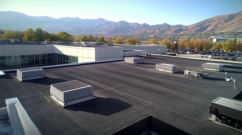 A commercial roof on a call center in a location similar to Salt Lake City with an urban context aesthetic (AI image)