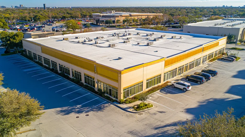 A commercial roof on a call center in a location similar to San Antonio with a solid gold aesthetic (AI image)