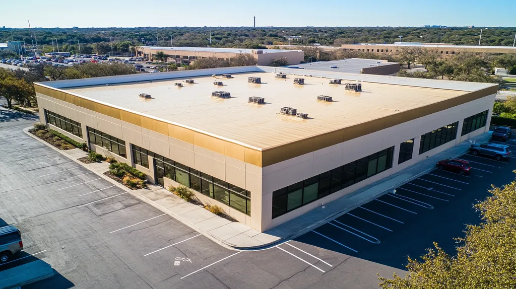 A commercial roof on a call center in a location similar to San Antonio with a solid gold aesthetic (AI image)
