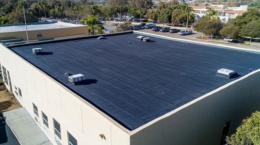 A commercial roof on a call center in a location similar to San Diego with a color highlight aesthetic (AI image)