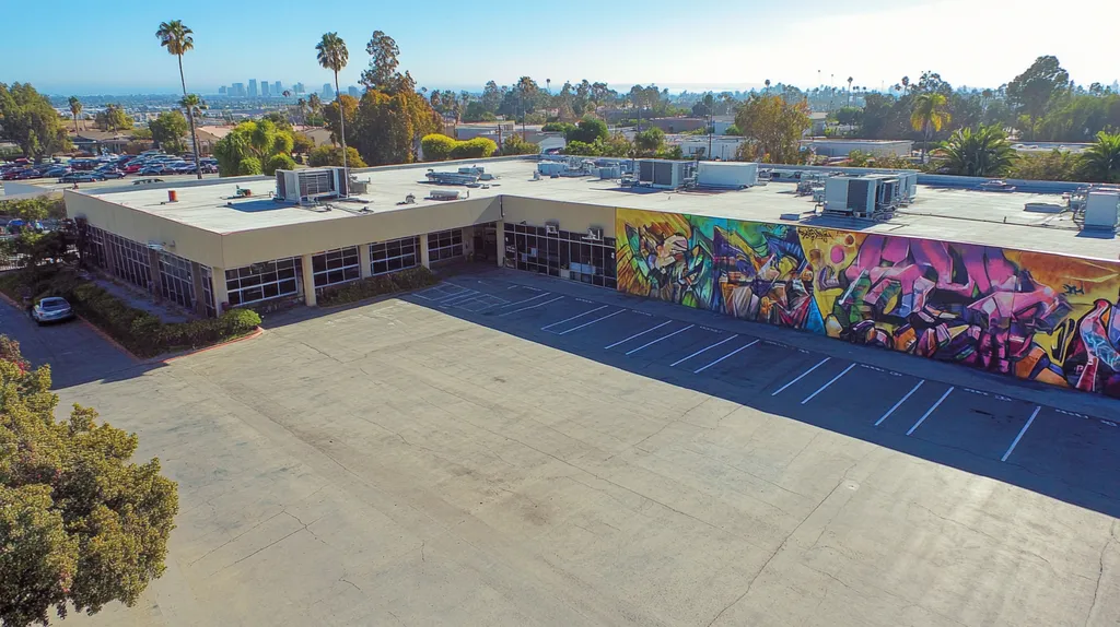 A commercial roof on a call center in a location similar to San Diego with a graffiti mural aesthetic (AI image)