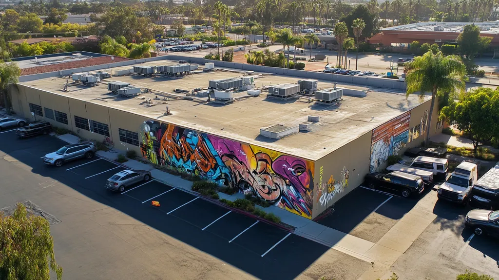 A commercial roof on a call center in a location similar to San Diego with a graffiti mural aesthetic (AI image)
