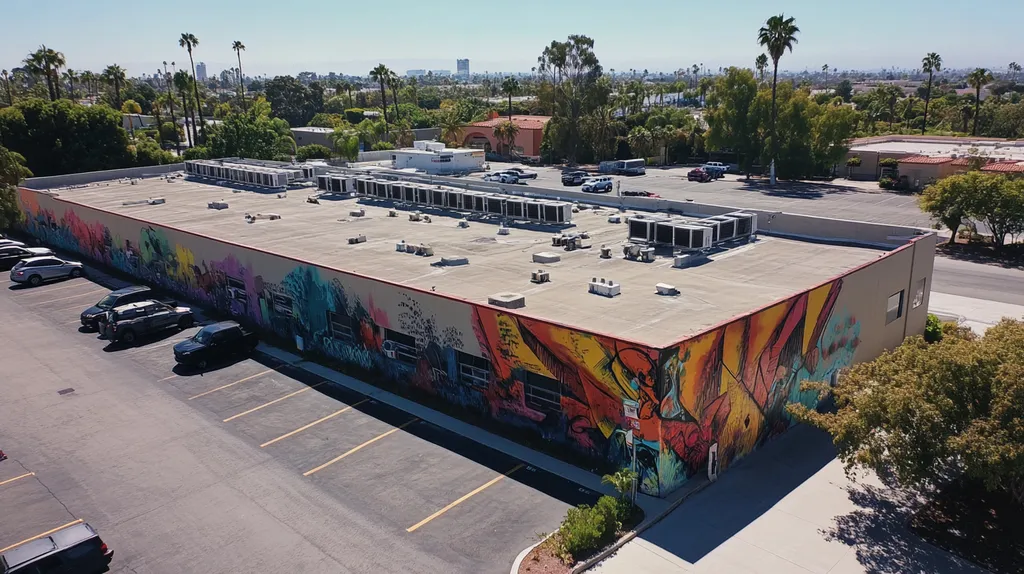A commercial roof on a call center in a location similar to San Diego with a graffiti mural aesthetic (AI image)