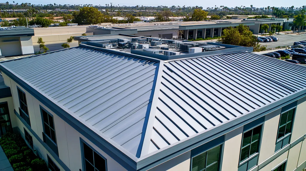 A commercial roof on a call center in a location similar to San Diego with a stainless steel aesthetic (AI image)