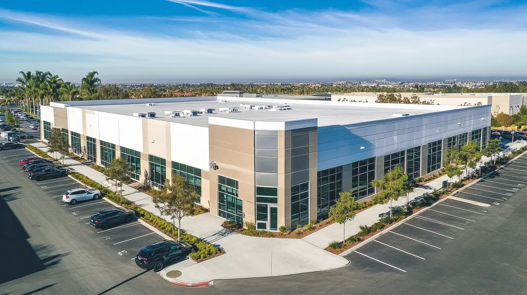 A commercial roof on a call center in a location similar to San Diego with a stainless steel aesthetic (AI image)